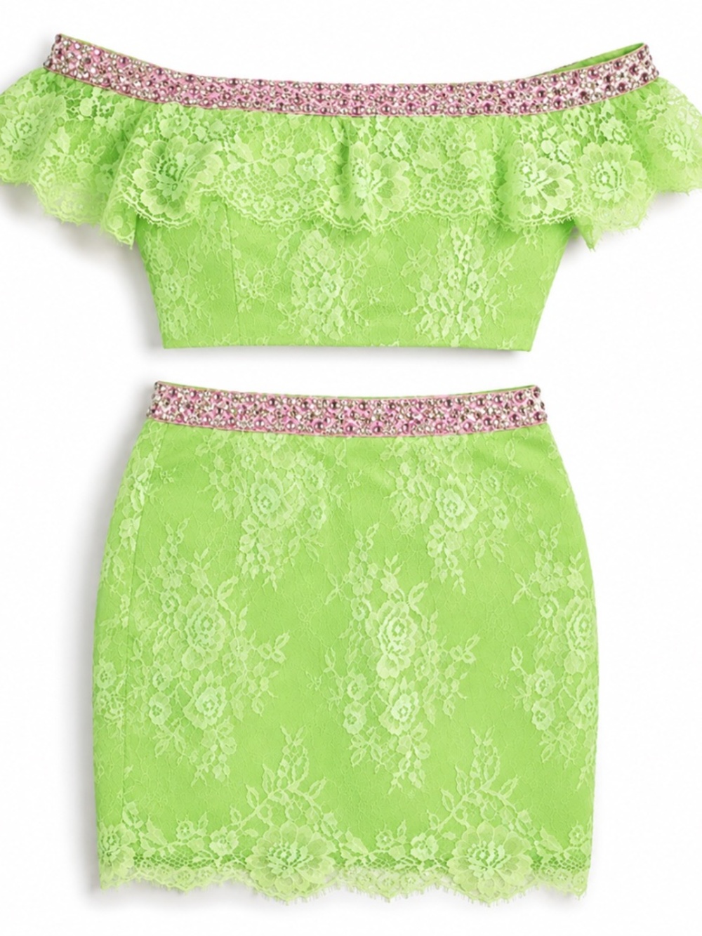 Lime Green Lace Two Pieces set off shoulder crop top & mini with Rhinestones. - Picture 3 of 6